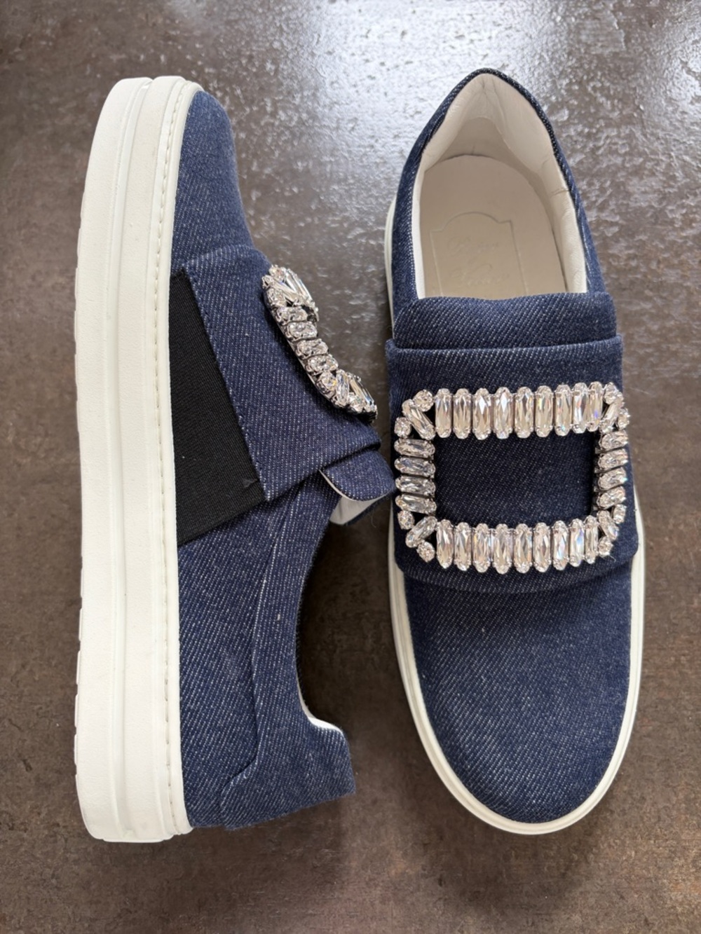 Roger Vivier Navy Denim Slip-On Sneakers with Crystal Buckles - Picture 3 of 6